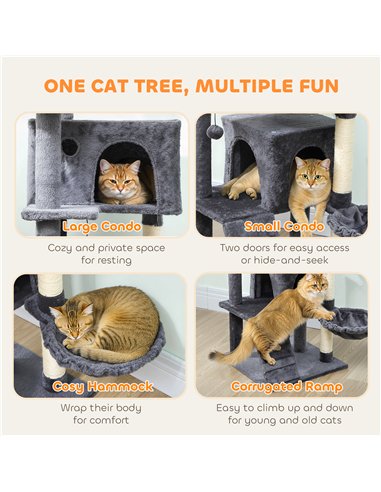 PawHut 140cm Large Cat Tree Tower with Sisal Scratching Posts, Cat Houses, Plush Perches, Hammock, Ladder, Dark Grey