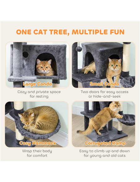 PawHut 140cm Large Cat Tree Tower with Sisal Scratching Posts, Cat Houses, Plush Perches, Hammock, Ladder, Dark Grey - pic 176859 | FastDaddyshop