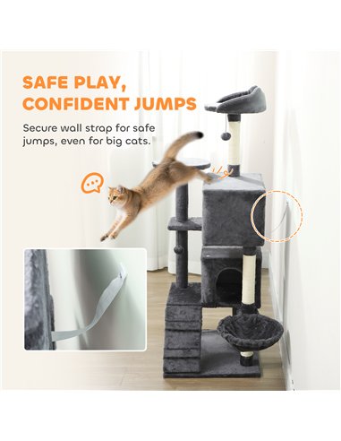 PawHut 140cm Large Cat Tree Tower with Sisal Scratching Posts, Cat Houses, Plush Perches, Hammock, Ladder, Dark Grey