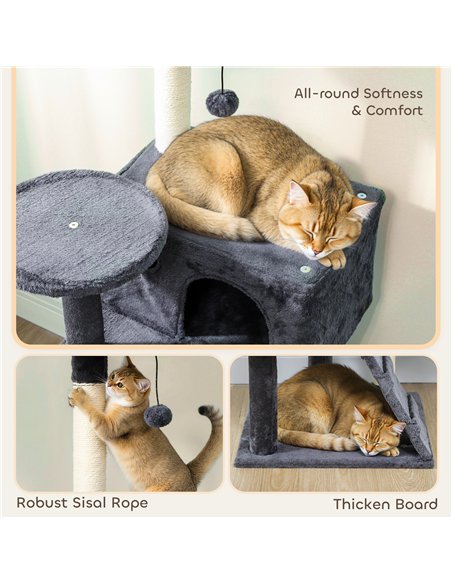 PawHut 140cm Large Cat Tree Tower with Sisal Scratching Posts, Cat Houses, Plush Perches, Hammock, Ladder, Dark Grey - pic 176862 | FastDaddyshop