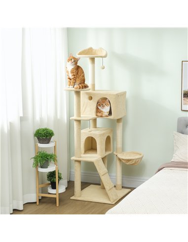 PawHut 180cm Large Cat Tree Tower with Sisal Scratching Posts, Condos, Plush Perches, Hammock, Ladder, Beige