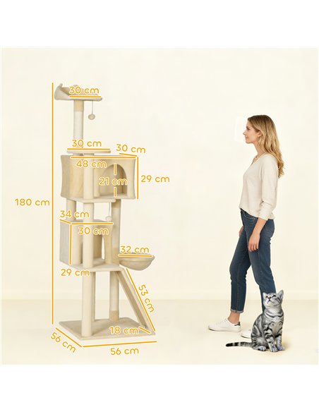 PawHut 180cm Large Cat Tree Tower with Sisal Scratching Posts, Condos, Plush Perches, Hammock, Ladder, Beige - pic 176867 | FastDaddyshop
