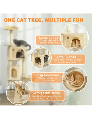 PawHut 180cm Large Cat Tree Tower with Sisal Scratching Posts, Condos, Plush Perches, Hammock, Ladder, Beige