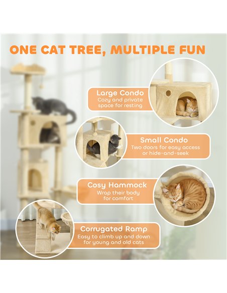 PawHut 180cm Large Cat Tree Tower with Sisal Scratching Posts, Condos, Plush Perches, Hammock, Ladder, Beige - pic 176868 | FastDaddyshop
