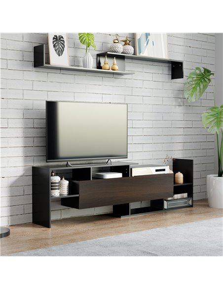 Homcom 1536mm Modern TV Cabinet with Wall Shelf, Storage Shelf, Black & Dark Brown - pic 17687 | FastDaddyshop