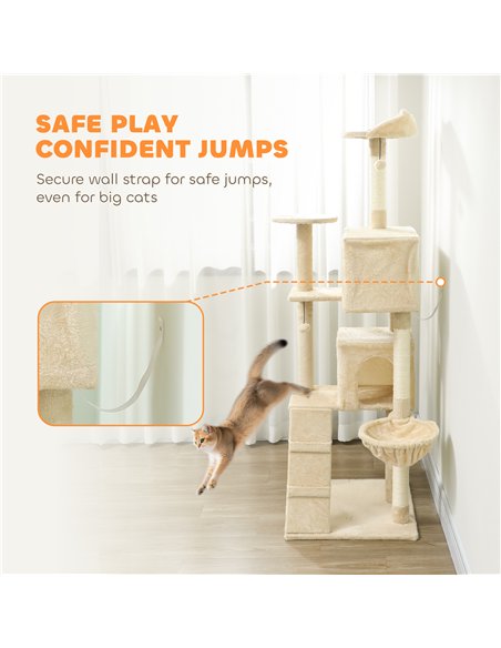 PawHut 180cm Large Cat Tree Tower with Sisal Scratching Posts, Condos, Plush Perches, Hammock, Ladder, Beige - pic 176870 | FastDaddyshop