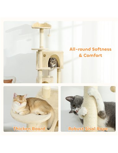 PawHut 180cm Large Cat Tree Tower with Sisal Scratching Posts, Condos, Plush Perches, Hammock, Ladder, Beige