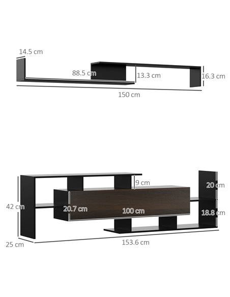 Homcom 1536mm Modern TV Cabinet with Wall Shelf, Storage Shelf, Black & Dark Brown - pic 17688 | FastDaddyshop