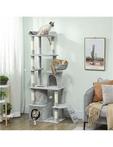 PawHut 170 cm Large Cat Tree, Cat Tower with 7 Scratching Posts, 2 Condos, Hammock,  Light Grey