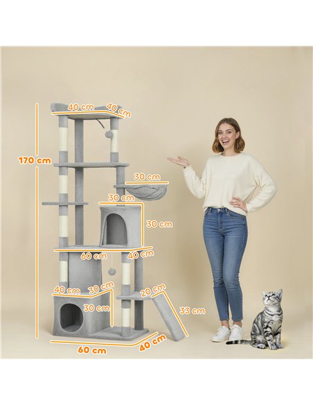 PawHut 170 cm Large Cat Tree, Cat Tower with 7 Scratching Posts, 2 Condos, Hammock,  Light Grey - pic 176894 | FastDaddyshop