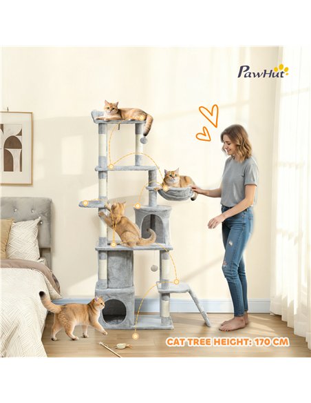 PawHut 170 cm Large Cat Tree, Cat Tower with 7 Scratching Posts, 2 Condos, Hammock,  Light Grey - pic 176895 | FastDaddyshop