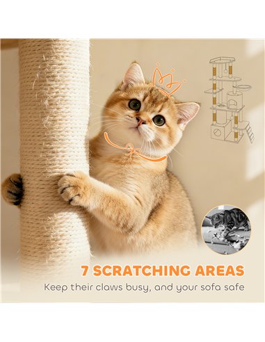 PawHut 170 cm Large Cat Tree, Cat Tower with 7 Scratching Posts, 2 Condos, Hammock,  Light Grey