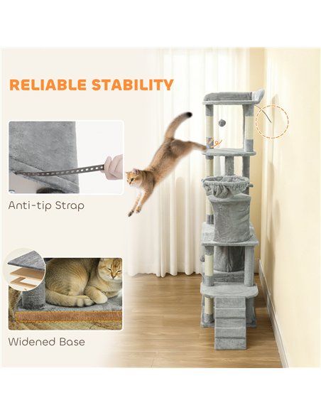 PawHut 170 cm Large Cat Tree, Cat Tower with 7 Scratching Posts, 2 Condos, Hammock,  Light Grey - pic 176900 | FastDaddyshop