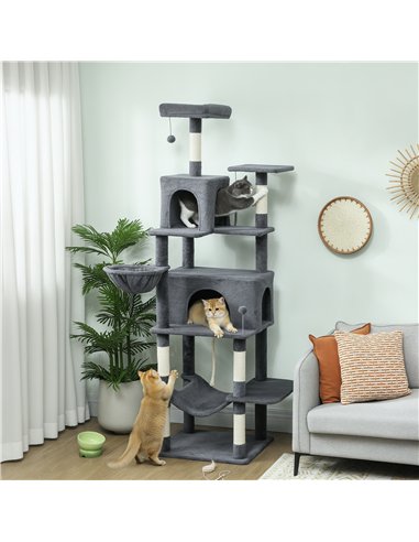 PawHut 202cm Large Cat Tree with 6 Scratching Posts, 2 Hammocks, 2 Condos, 2 Perches, Pompoms, for Indoor Cats to Rest and Play