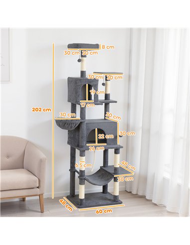 PawHut 202cm Large Cat Tree with 6 Scratching Posts, 2 Hammocks, 2 Condos, 2 Perches, Pompoms, for Indoor Cats to Rest and Play