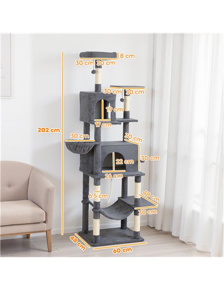 PawHut 202cm Large Cat Tree with 6 Scratching Posts, 2 Hammocks, 2 Condos, 2 Perches, Pompoms, for Indoor Cats to Rest and Play - pic 176903 | FastDaddyshop