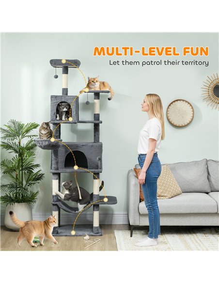PawHut 202cm Large Cat Tree with 6 Scratching Posts, 2 Hammocks, 2 Condos, 2 Perches, Pompoms, for Indoor Cats to Rest and Play - pic 176904 | FastDaddyshop