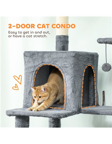 PawHut 202cm Large Cat Tree with 6 Scratching Posts, 2 Hammocks, 2 Condos, 2 Perches, Pompoms, for Indoor Cats to Rest and Play
