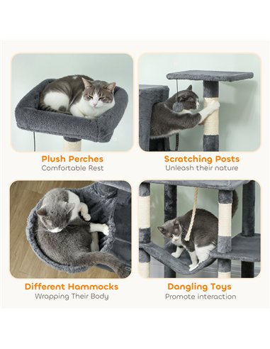 PawHut 202cm Large Cat Tree with 6 Scratching Posts, 2 Hammocks, 2 Condos, 2 Perches, Pompoms, for Indoor Cats to Rest and Play