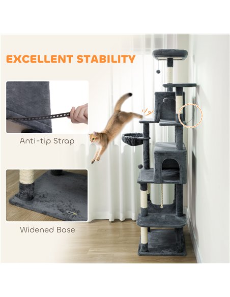 PawHut 202cm Large Cat Tree with 6 Scratching Posts, 2 Hammocks, 2 Condos, 2 Perches, Pompoms, for Indoor Cats to Rest and Play - pic 176907 | FastDaddyshop