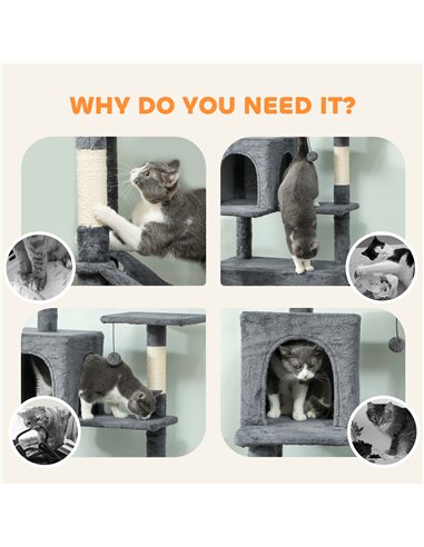 PawHut 202cm Large Cat Tree with 6 Scratching Posts, 2 Hammocks, 2 Condos, 2 Perches, Pompoms, for Indoor Cats to Rest and Play