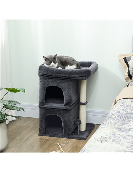 PawHut 66 cm Small Cat Tree for Large Cats, Cat Tower w/ Large Top Perch, 2 Condos, Sisal Scratching Post, Toy Ball, Dark Grey - pic 176911 | FastDaddyshop