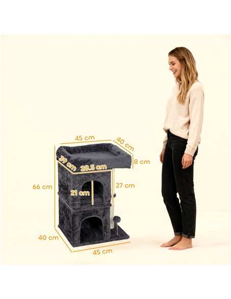 PawHut 66 cm Small Cat Tree for Large Cats, Cat Tower w/ Large Top Perch, 2 Condos, Sisal Scratching Post, Toy Ball, Dark Grey - pic 176912 | FastDaddyshop