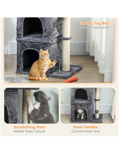 PawHut 66 cm Small Cat Tree for Large Cats, Cat Tower w/ Large Top Perch, 2 Condos, Sisal Scratching Post, Toy Ball, Dark Grey