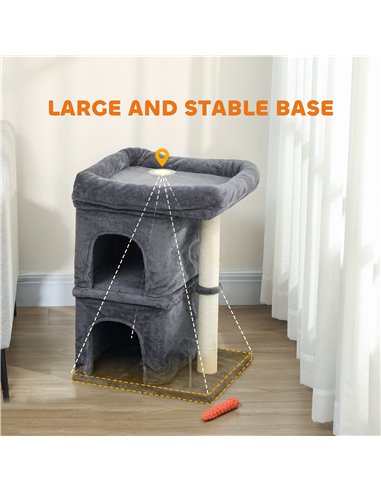 PawHut 66 cm Small Cat Tree for Large Cats, Cat Tower w/ Large Top Perch, 2 Condos, Sisal Scratching Post, Toy Ball, Dark Grey