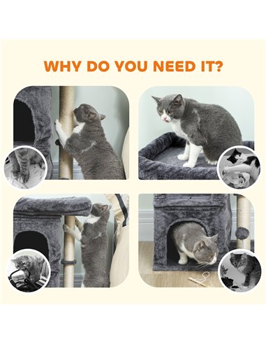 PawHut 66 cm Small Cat Tree for Large Cats, Cat Tower w/ Large Top Perch, 2 Condos, Sisal Scratching Post, Toy Ball, Dark Grey