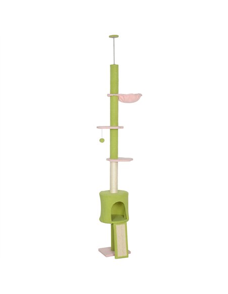 PawHut 220-240 cm Floor to Ceiling Cat Tree Adjustable Height with Hammock, Condo, Scratching Posts, Green - pic 176919 | FastDaddyshop