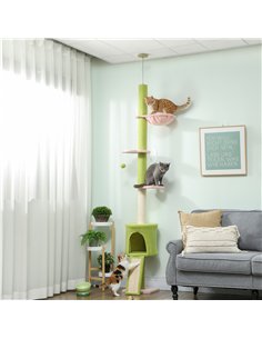PawHut 220-240 cm Floor to Ceiling Cat Tree Adjustable Height with Hammock, Condo, Scratching Posts, Green 2