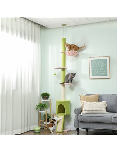 PawHut 220-240 cm Floor to Ceiling Cat Tree Adjustable Height with Hammock, Condo, Scratching Posts, Green
