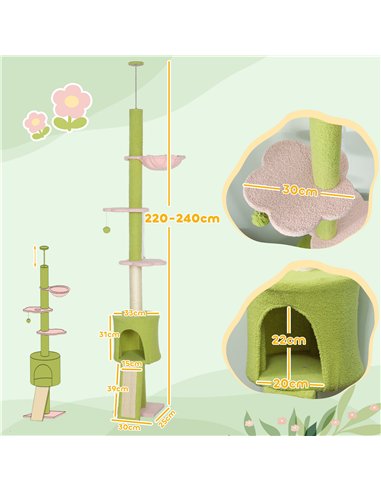 PawHut 220-240 cm Floor to Ceiling Cat Tree Adjustable Height with Hammock, Condo, Scratching Posts, Green