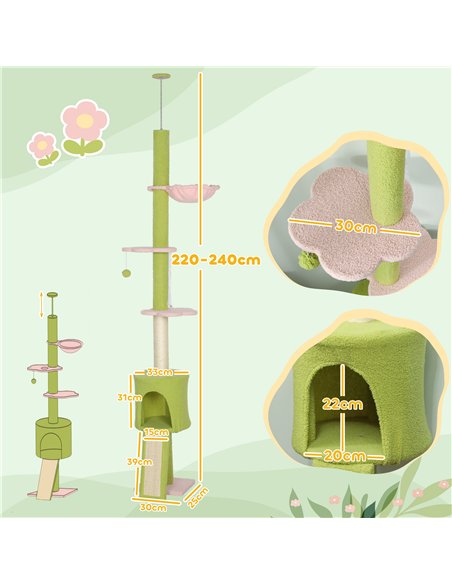 PawHut 220-240 cm Floor to Ceiling Cat Tree Adjustable Height with Hammock, Condo, Scratching Posts, Green - pic 176921 | FastDaddyshop