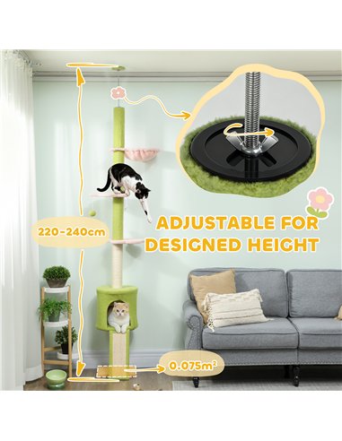 PawHut 220-240 cm Floor to Ceiling Cat Tree Adjustable Height with Hammock, Condo, Scratching Posts, Green