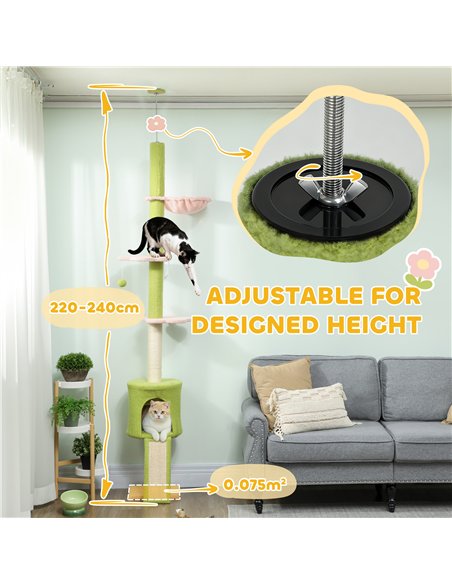 PawHut 220-240 cm Floor to Ceiling Cat Tree Adjustable Height with Hammock, Condo, Scratching Posts, Green - pic 176922 | FastDaddyshop