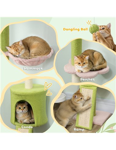 PawHut 220-240 cm Floor to Ceiling Cat Tree Adjustable Height with Hammock, Condo, Scratching Posts, Green