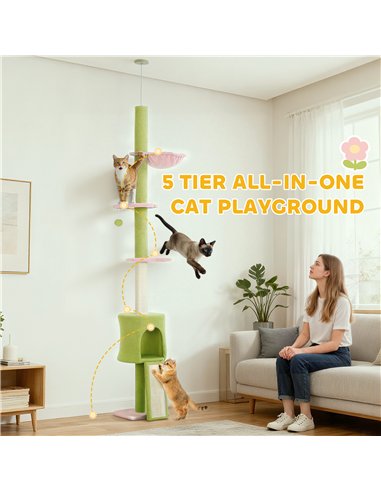 PawHut 220-240 cm Floor to Ceiling Cat Tree Adjustable Height with Hammock, Condo, Scratching Posts, Green
