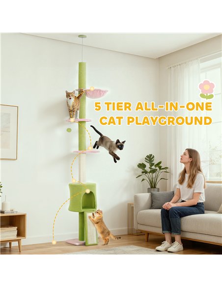 PawHut 220-240 cm Floor to Ceiling Cat Tree Adjustable Height with Hammock, Condo, Scratching Posts, Green - pic 176924 | FastDaddyshop