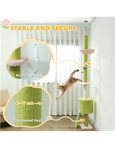 PawHut 220-240 cm Floor to Ceiling Cat Tree Adjustable Height with Hammock, Condo, Scratching Posts, Green
