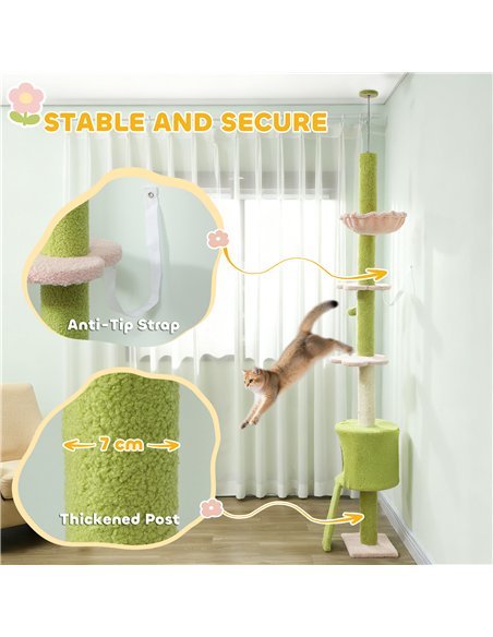 PawHut 220-240 cm Floor to Ceiling Cat Tree Adjustable Height with Hammock, Condo, Scratching Posts, Green - pic 176925 | FastDaddyshop
