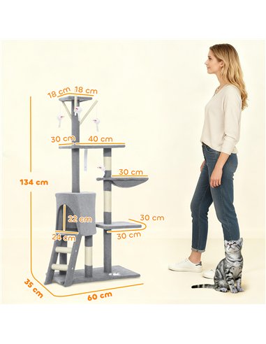 PawHut Multi-Level Cat Tower, 134cm Cat Tree with Condo and Sisal Scratching Posts for Indoor Kittens, Grey