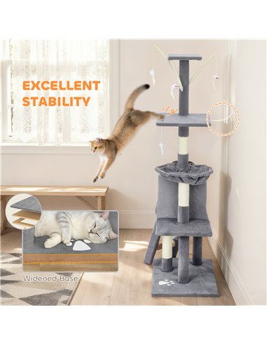 PawHut Multi-Level Cat Tower, 134cm Cat Tree with Condo and Sisal Scratching Posts for Indoor Kittens, Grey