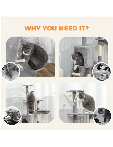 PawHut Multi-Level Cat Tower, 134cm Cat Tree with Condo and Sisal Scratching Posts for Indoor Kittens, Grey