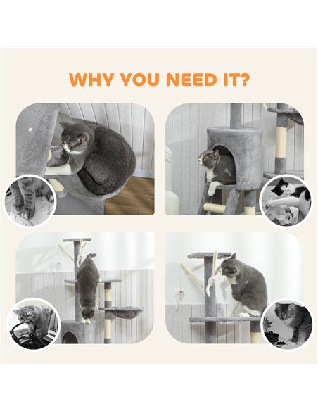 PawHut Multi-Level Cat Tower, 134cm Cat Tree with Condo and Sisal Scratching Posts for Indoor Kittens, Grey - pic 176953 | FastDaddyshop