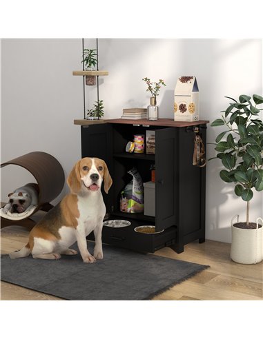 PawHut Pet Feeding Station with Raised Dog Bowls, Adjustable Panel, Hooks, Black