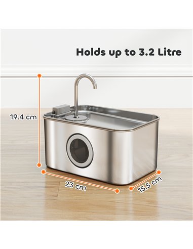 PawHut 3.2L Cat Water Fountain for Drinking, Cat Fountain Stainless Steel with Visible Water-Level Window, Ultra-Silent Pump