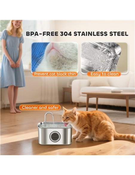 PawHut 3.2L Cat Water Fountain for Drinking, Cat Fountain Stainless Steel with Visible Water-Level Window, Ultra-Silent Pump - pic 176976 | FastDaddyshop