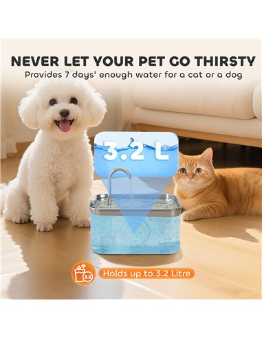 PawHut 3.2L Cat Water Fountain for Drinking, Cat Fountain Stainless Steel with Visible Water-Level Window, Ultra-Silent Pump